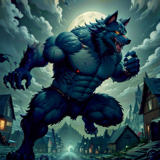 a cartoon character is running through a town at night with a full moon in the background and a wolf on the front