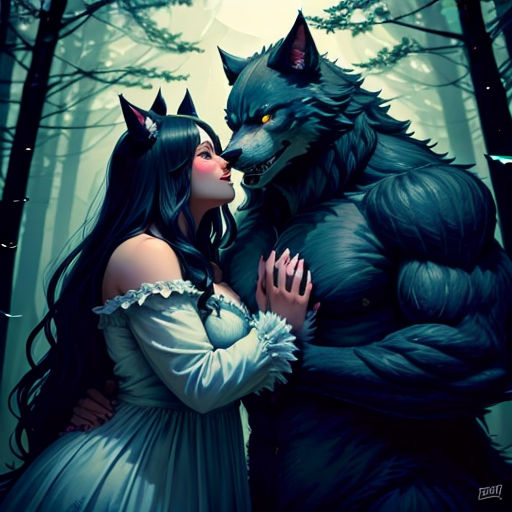 a couple of people that are kissing in the woods with a wolf behind them and a wolf behind them