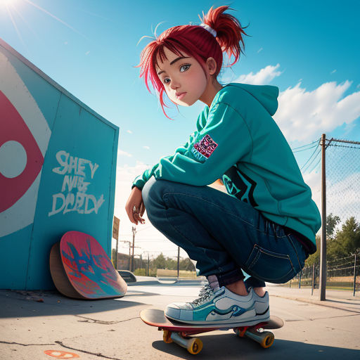 Anime girl executing a jaw-dropping skateboarding maneuver at a skate park