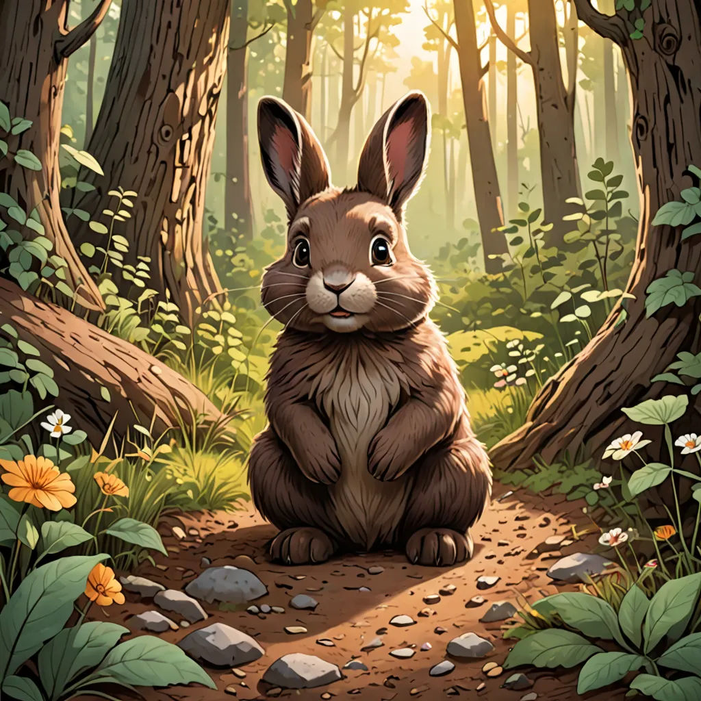 a rabbit sitting in the middle of a forest with rocks and flowers around it, looking at the camera, furry art, a storybook illustration, Dan Mumford, official art