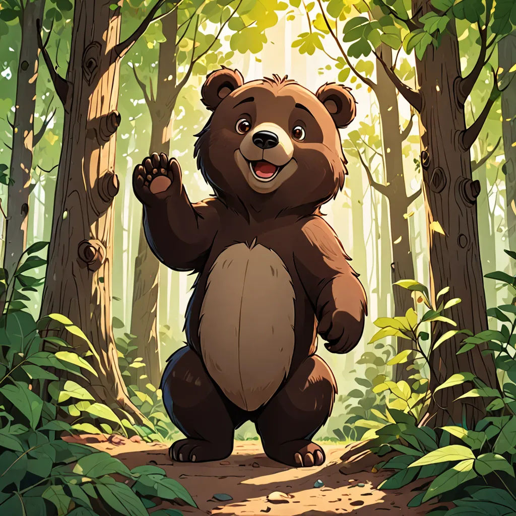 a brown bear standing in the middle of a forest with trees and leaves on the ground and a sun shining through the trees, furry art, a character portrait, Chris LaBrooy, official art