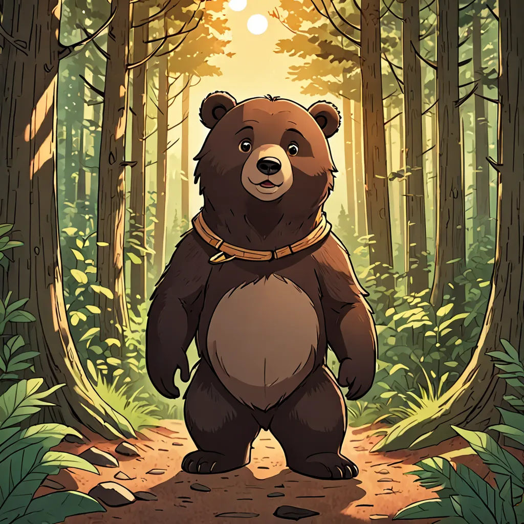 a bear standing in the middle of a forest with a light shining on it's head and a trail leading to the woods, furry art, a character portrait, Chris LaBrooy, official art