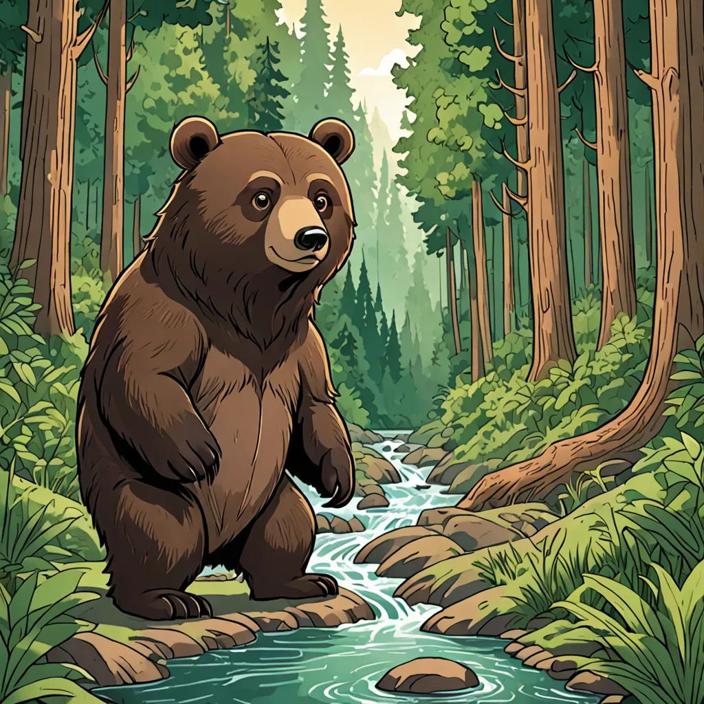 a bear standing on a rock in a forest with a stream running through it and trees around it,, environmental art, a storybook illustration, Dan Mumford, official art