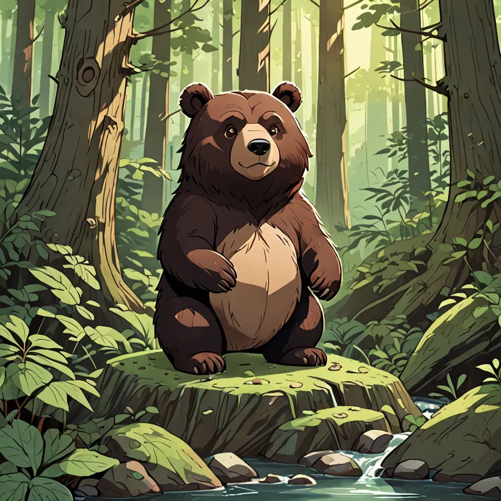 a bear sitting on a rock in a forest with a stream running through it's center and trees in the background, furry art, concept art, Brom, official art