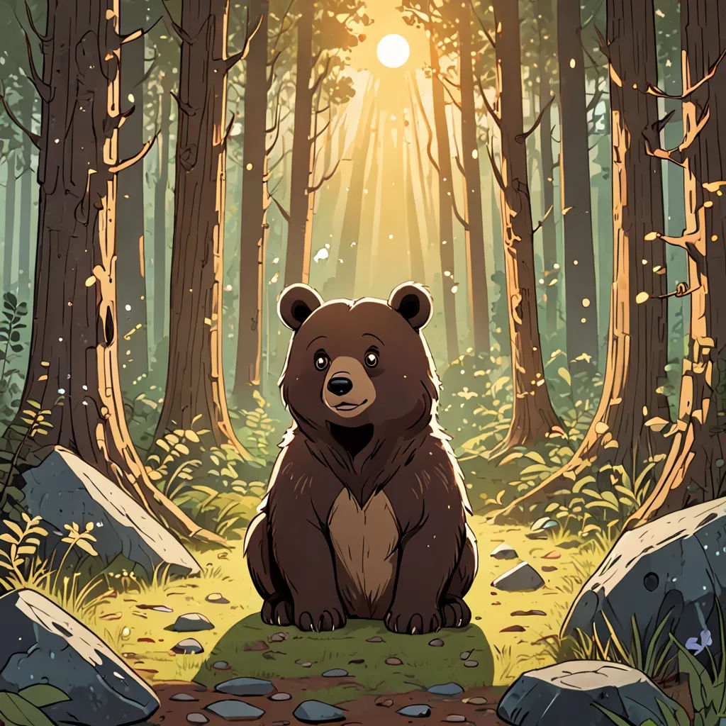 a bear sitting in the middle of a forest with a sun shining through the trees behind it and rocks and grass, environmental art, a storybook illustration, Dan Mumford, official art