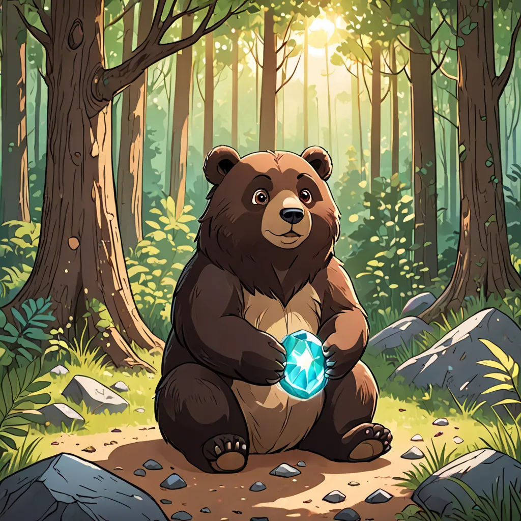 a bear sitting on a rock in the forest holding a glowing ball in its paws with a glowing light shining through the trees, environmental art, a character portrait, Chris LaBrooy, official art