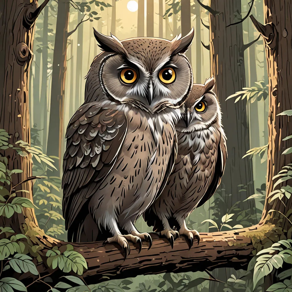 two owls sitting on a tree branch in a forest with sun shining through the trees and leaves on the ground, fantasy art, a storybook illustration, Dan Mumford, rossdraws global illumination