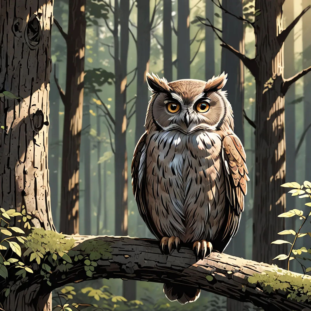 a painting of an owl sitting on a tree branch in a forest with trees and leaves around it, with a yellow - eyed owl perched on a branch, fantasy art, a storybook illustration, Dan Mumford, storybook illustration