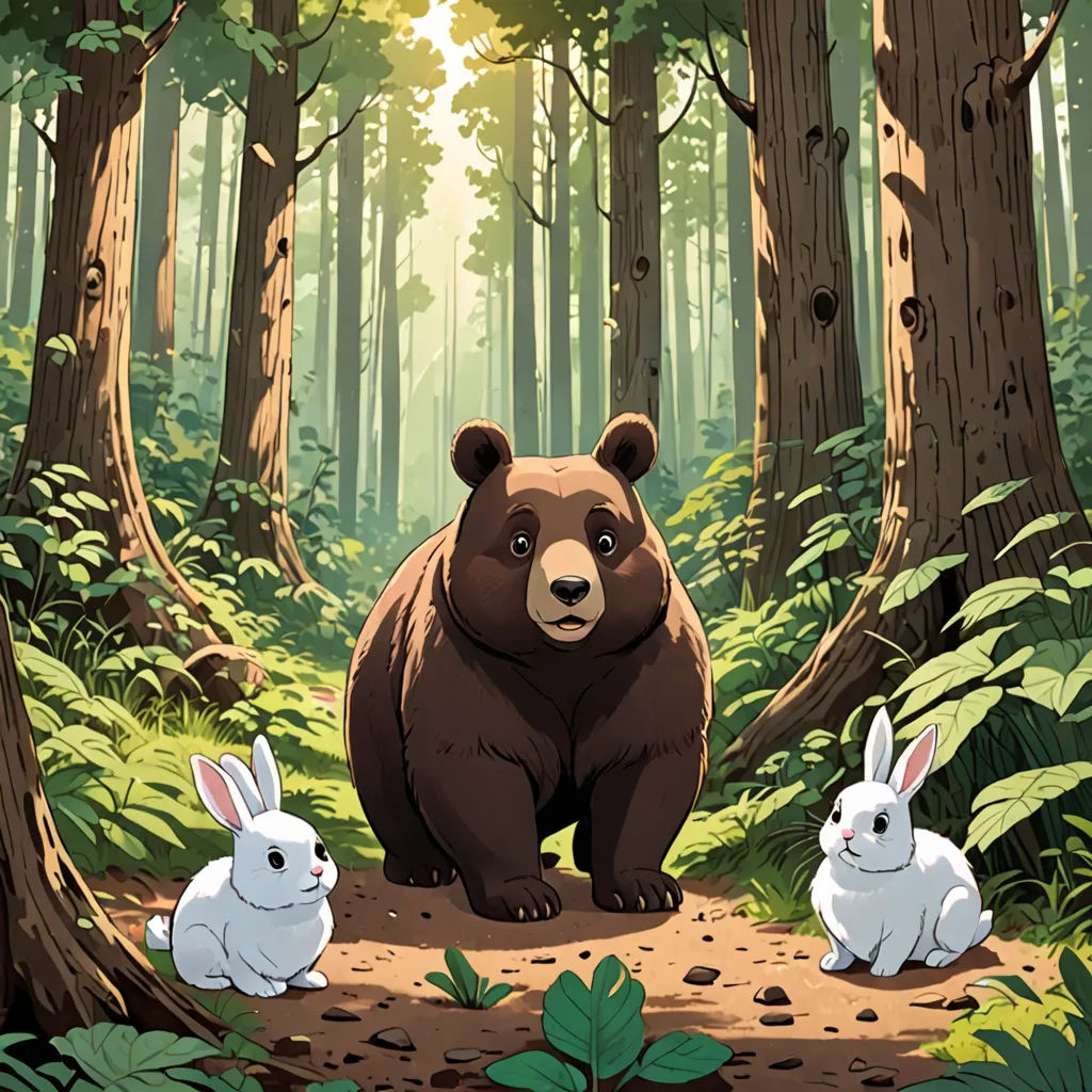 a bear and two rabbits in a forest with trees and grass and sunlight shining through the trees and leaves, furry art, a storybook illustration, Chris LaBrooy, official art