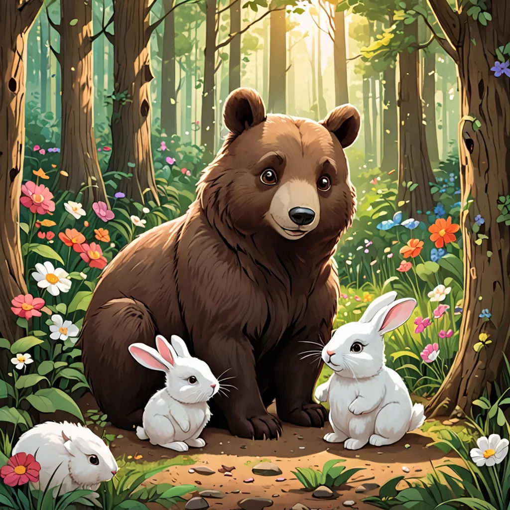 a bear and two rabbits in a forest with flowers and trees in the background, with a sunbeam, furry art, a storybook illustration, Chris LaBrooy, official art