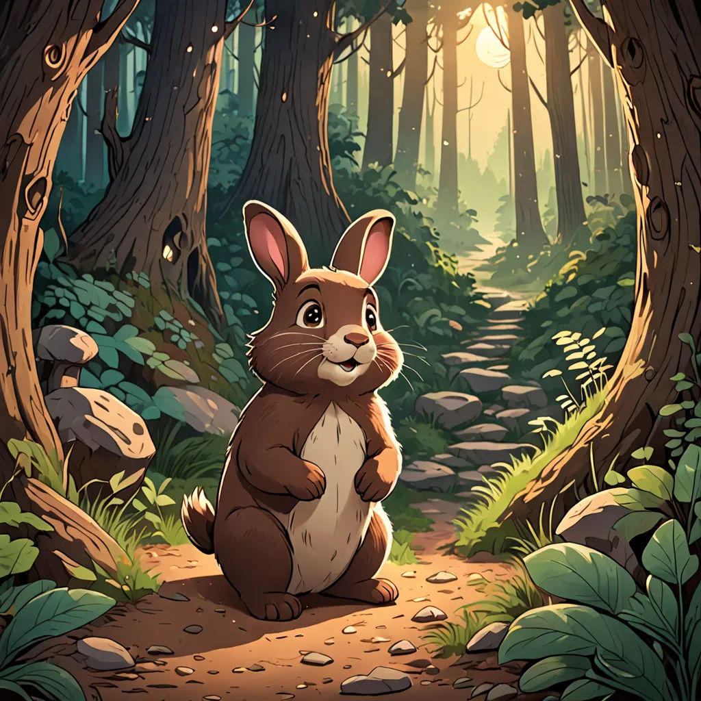 a rabbit sitting in the middle of a forest with rocks and trees around it, looking up at the sun, furry art, a storybook illustration, Dan Mumford, rossdraws global illumination