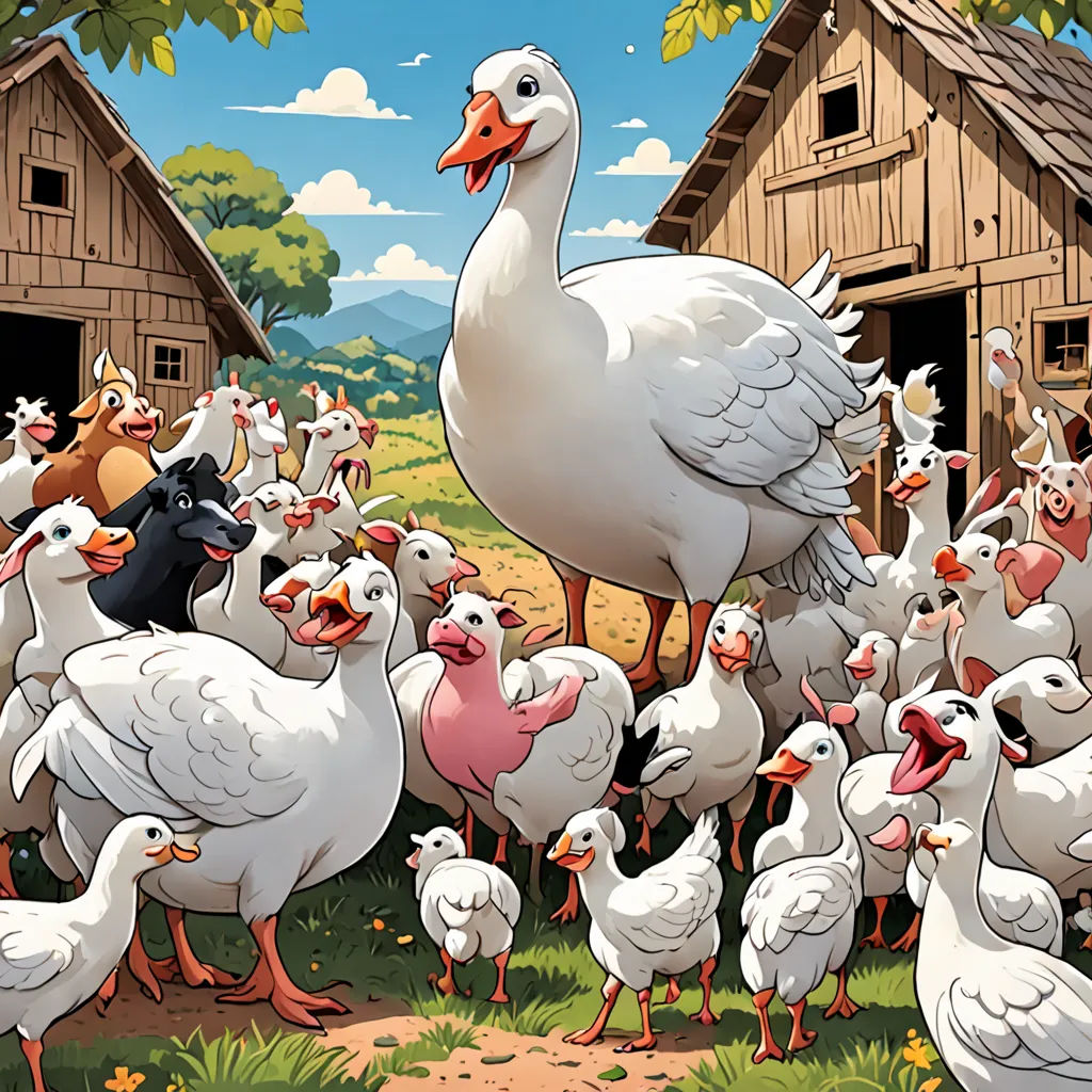 a large group of ducks and geese in front of a barn and a farm with a chicken in the foreground, institutional critique, a storybook illustration, Carl Barks, storybook illustration