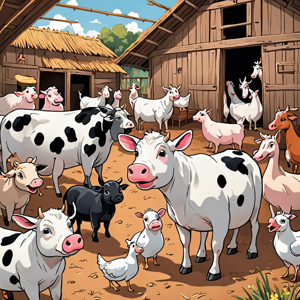 a group of cows and chickens standing in a barnyard with a barn in the background and a barn in the foreground, synthetism, a storybook illustration, Andries Stock, furaffinity