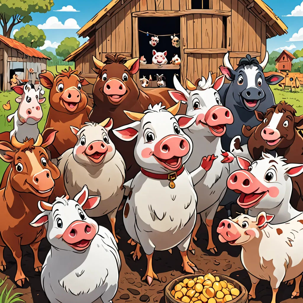a group of cows standing in front of a barn with a bowl of gold coins in front of them, incoherents, a storybook illustration, Andries Stock, furaffinity