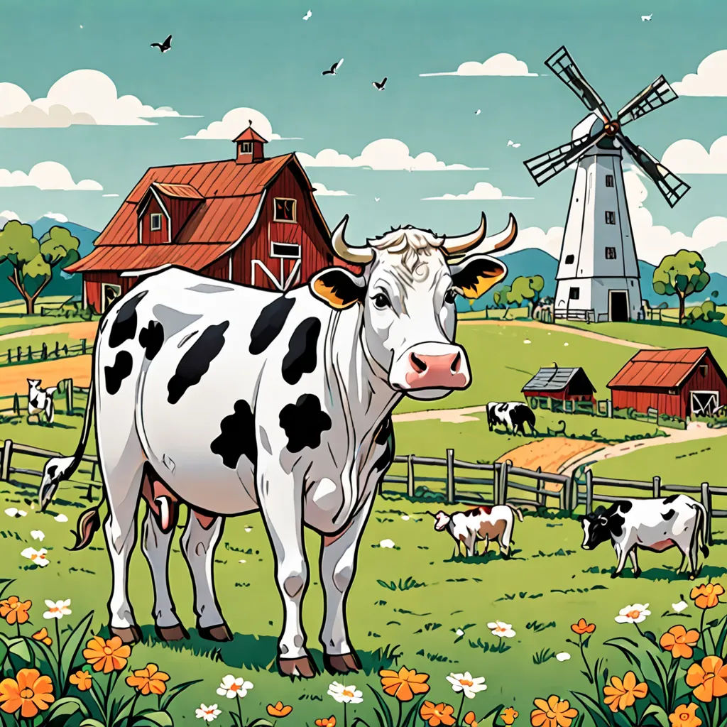 a cow standing in a field with a windmill in the background and flowers in the foreground, and a barn in the background, synthetism, a storybook illustration, Chris Ware, detailed illustration