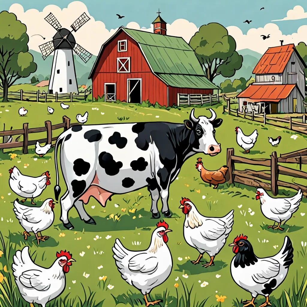a cow and chickens in a field with a barn and windmill in the background, and a red barn with a red roof, folk art, a storybook illustration, Andries Stock, storybook illustration
