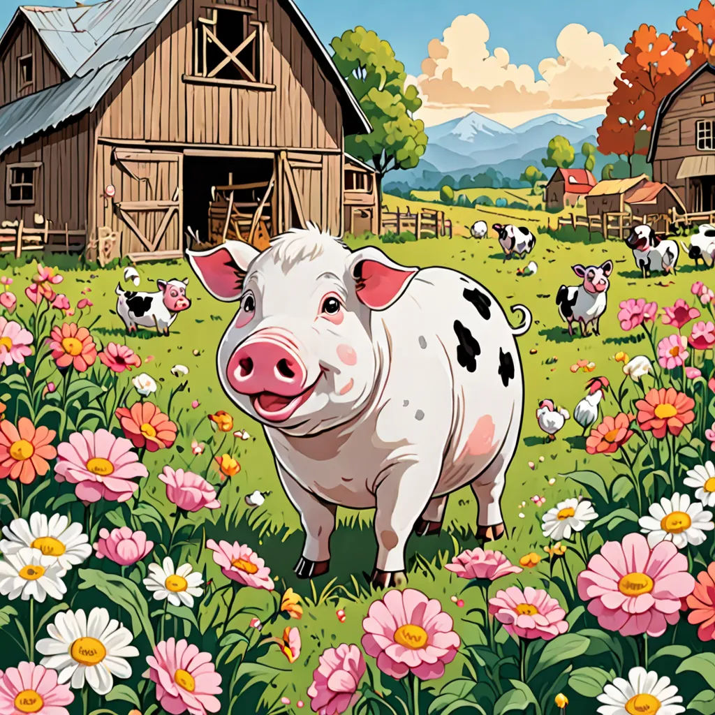 a pig standing in a field of flowers next to a barn and a barn with a few cows in it, folk art, a storybook illustration, Dan Mumford, josan gonzales and dan mumford