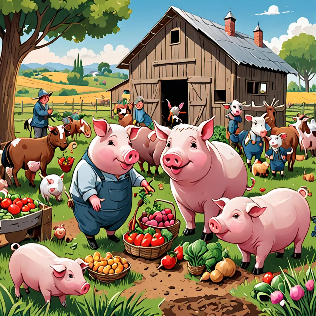a painting of pigs and a farmer in a farmyard with a group of pigs in the background, and a farmer in the foreground, synthetism, a storybook illustration, Dan Mumford, storybook illustration