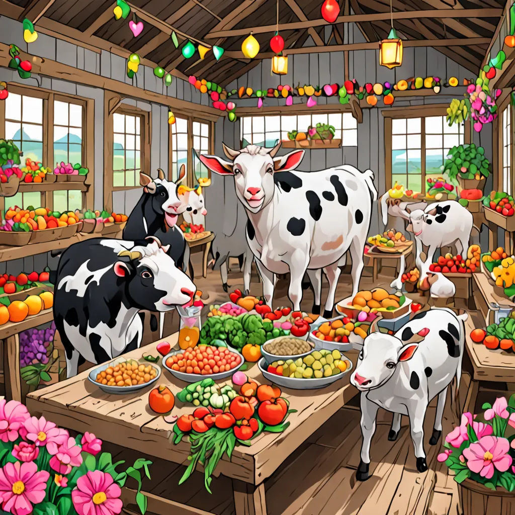 a painting of a farm scene with cows and fruits and vegetables on a table with a cow standing in the center, lyco art, computer graphics, Andries Stock, furaffinity