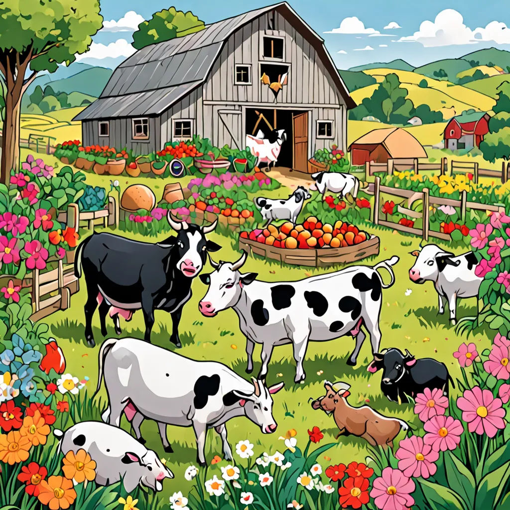 a painting of a farm with cows and flowers in the foreground and a barn in the background with a barn and a bunch of flowers in the foreground, folk art, a storybook illustration, Andries Stock, furaffinity