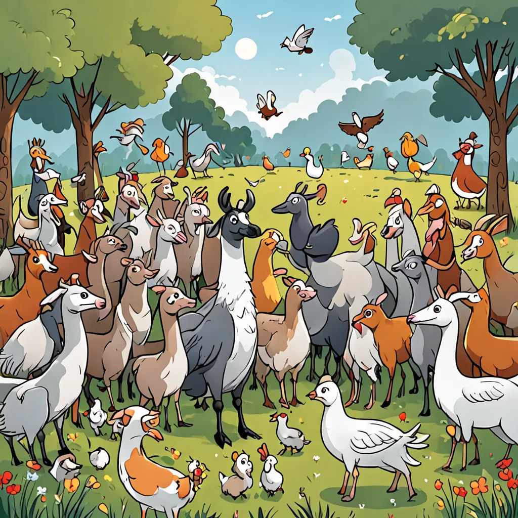 a large group of birds and geese in a field with trees and flowers in the background, with a bird flying above, lyco art, a storybook illustration, Chris LaBrooy, storybook illustration