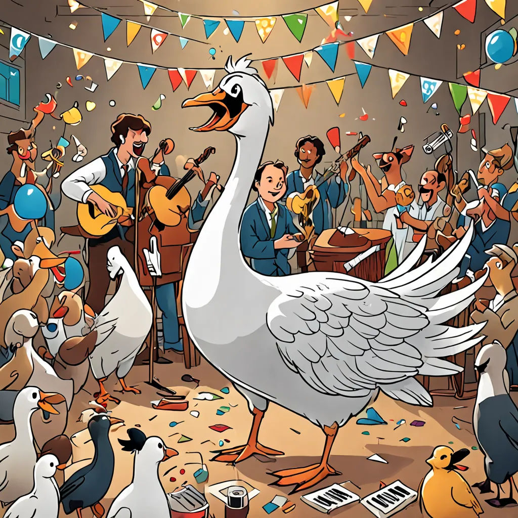 a cartoon of a goose playing music with a group of people watching him play the guitar and singing to them, context art, a storybook illustration, David Teniers III, storybook illustration