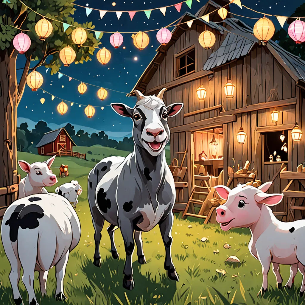 a couple of cows standing in a field near a barn at night with lanterns strung above them and a barn with a cow, folk art, a storybook illustration, Chris LaBrooy, storybook illustration