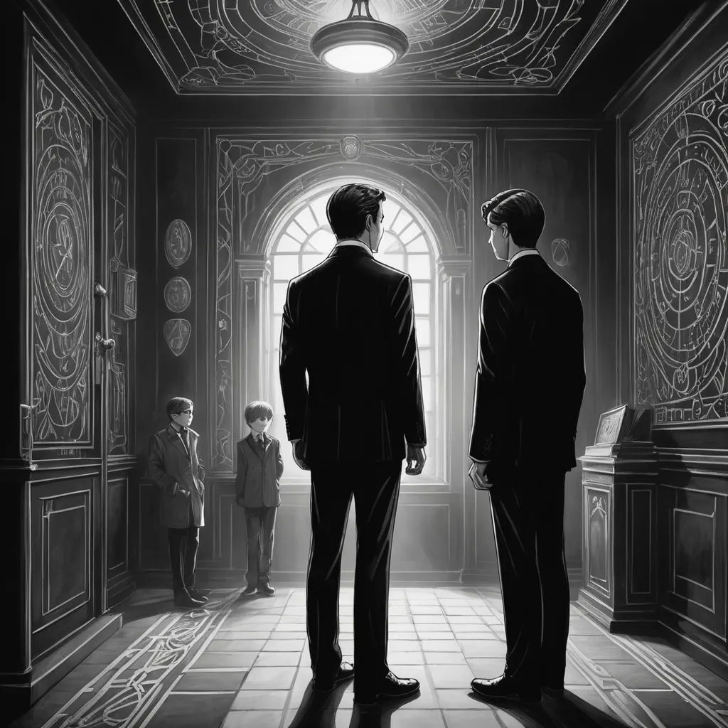 a couple of men standing in a hallway next to each other in suits and ties, with a door open, sots art, an ultrafine detailed painting, Cedric Seaut (Keos Masons), graphic novel