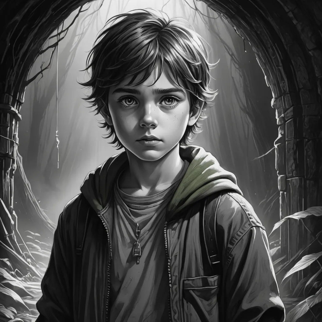 a boy in a hooded jacket standing in a tunnel with a light shining on him and a tree in the background, photorealism, concept art, Dirk Crabeth, stanley artgerm lau