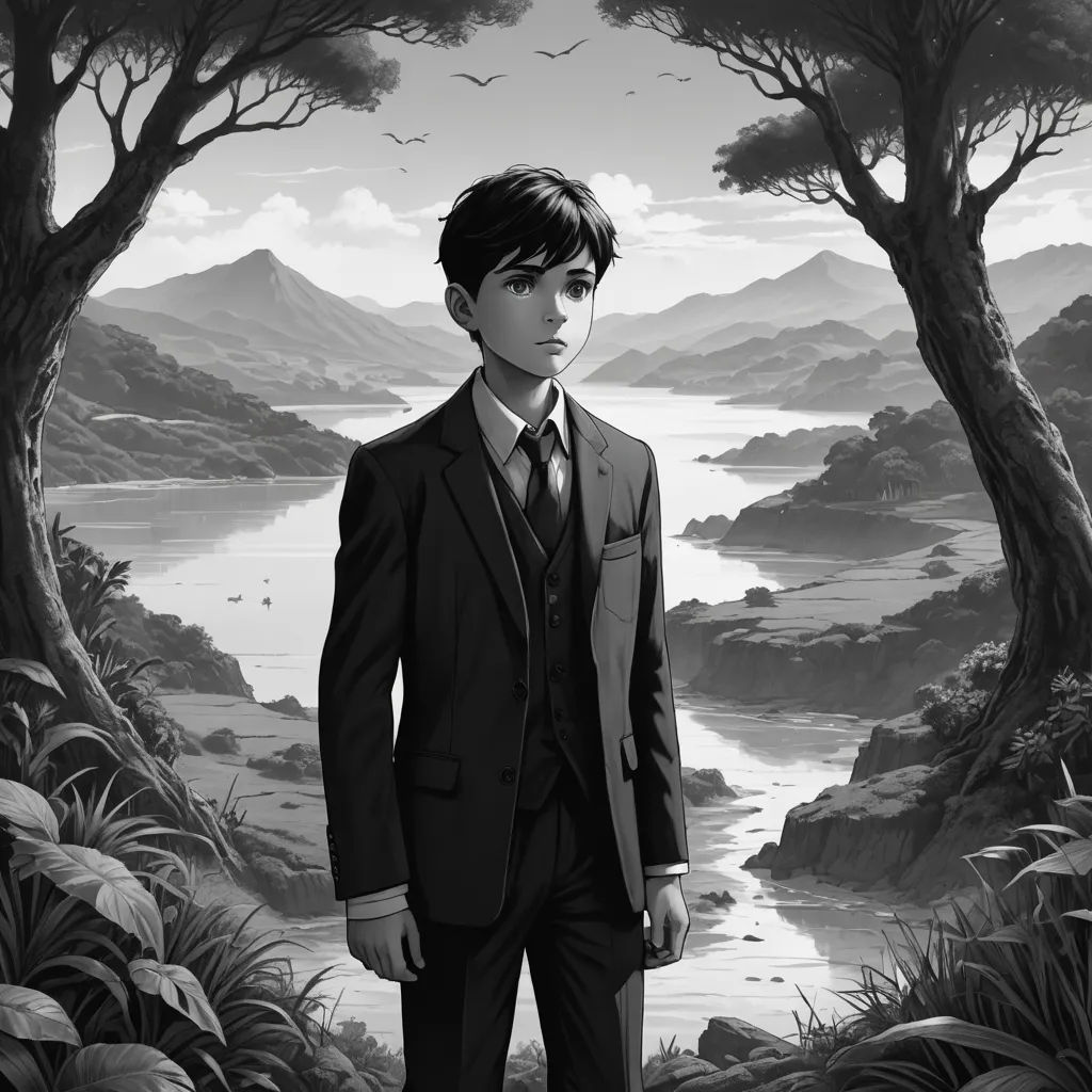 a man in a suit standing in front of a painting of a lake and mountains with trees and birds, sots art, an ultrafine detailed painting, Cedric Seaut (Keos Masons), official art
