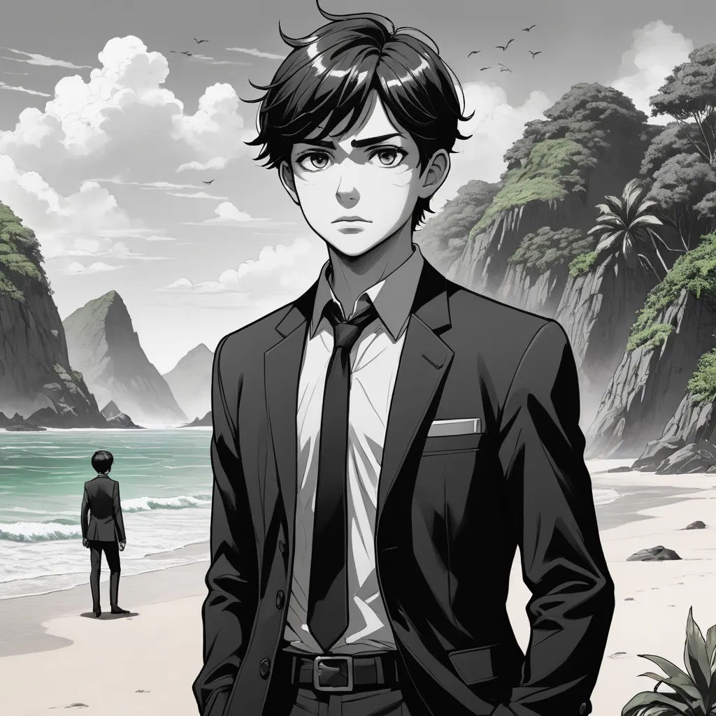 a man in a suit standing on a beach next to a person in a suit and tie and a mountain, serial art, a manga drawing, Cedric Seaut (Keos Masons), official art