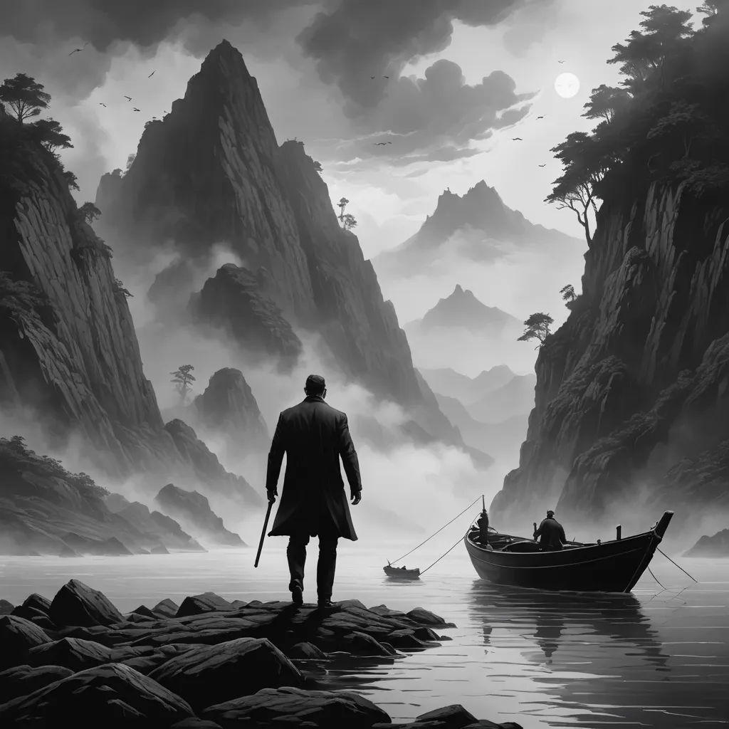 a man standing on a rocky shore next to a boat in the water with a man in a suit, modern european ink painting, a matte painting, Dirk Crabeth, cinematic matte painting
