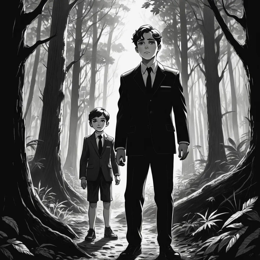 a man and a boy are walking through a forest together in a black and white illustration by person, who is holding hands, private press, a black and white photo, Diego Gisbert Llorens, graphic novel