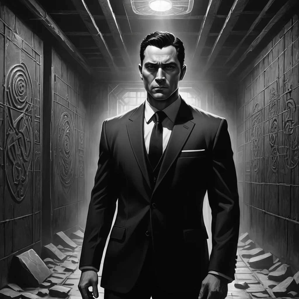 a man in a suit and tie standing in a hallway with a light on his head and a door in the background, art deco, an ultrafine detailed painting, Allan Brooks, noir