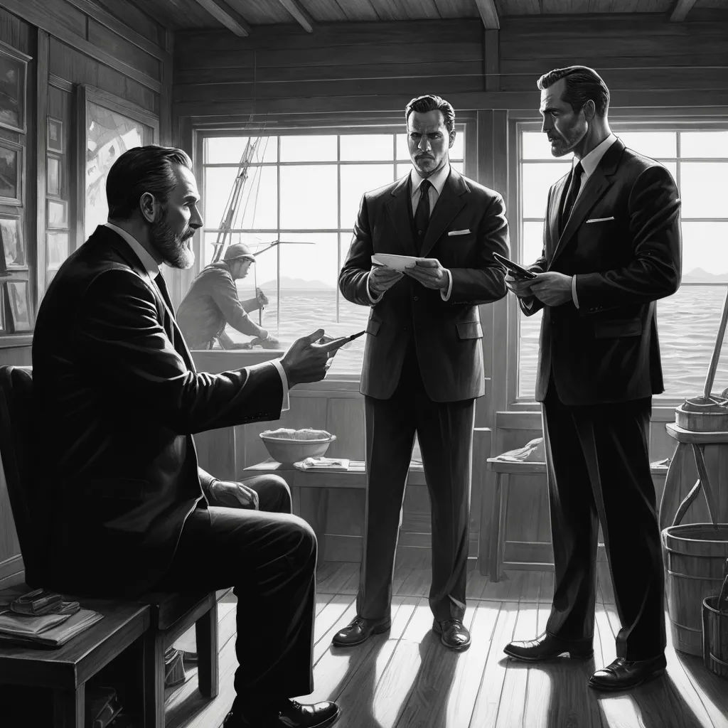 a group of men in suits standing around a room with a window and a table with a bowl of food, american scene painting, an ultrafine detailed painting, David Palumbo, highly detailed digital painting