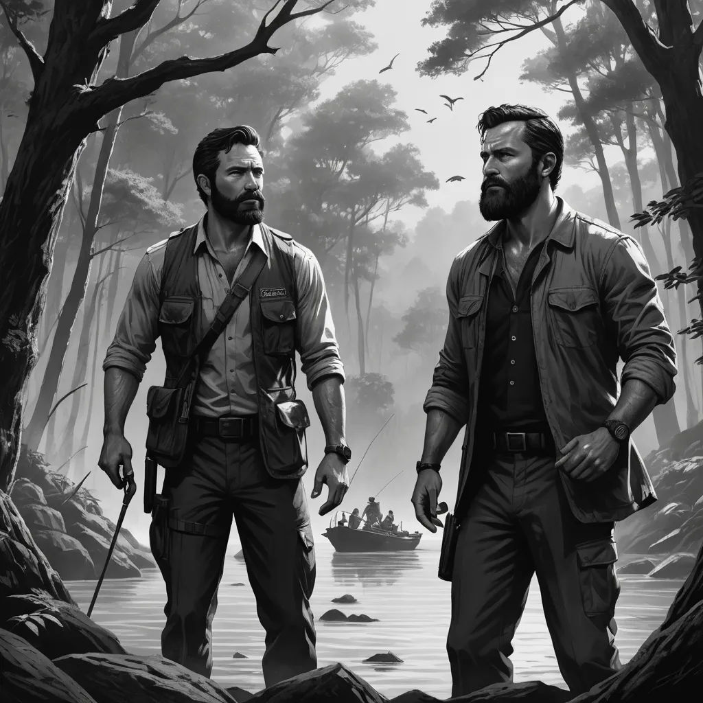 two men in the woods with a boat in the background and a bird flying overhead in the sky above, serial art, a black and white photo, David Palumbo, key art