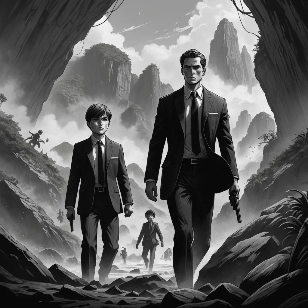 a couple of men in suits walking through a cave filled with rocks and rocks, with a man holding a gun, private press, poster art, Cliff Childs, comic cover art