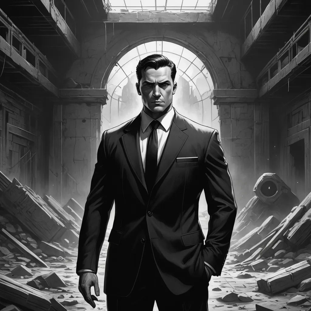 a man in a suit standing in a room with a window and a ceiling in the background, with a hole in the ceiling, new objectivity, an ultrafine detailed painting, Cedric Seaut (Keos Masons), noir
