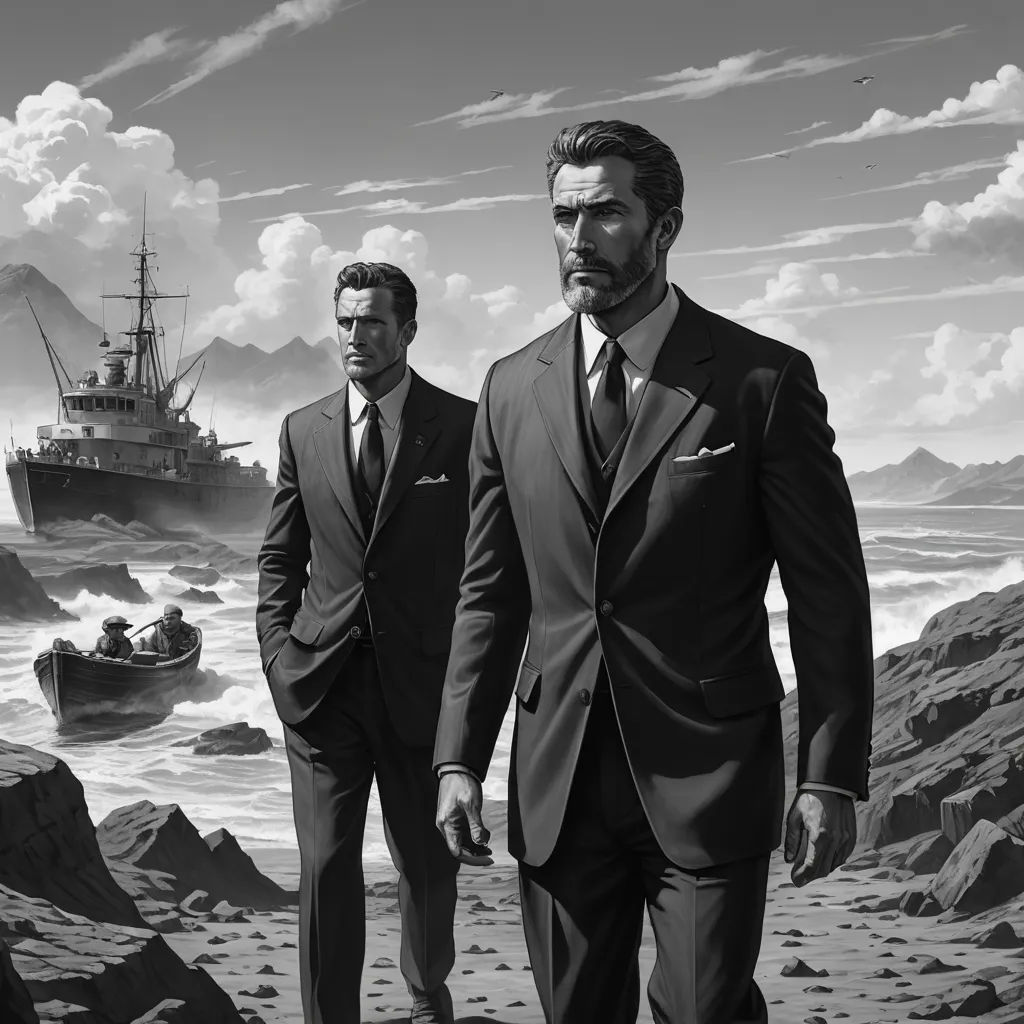 two men in suits walking on a beach near a boat in the ocean and a ship in the water, serial art, an ultrafine detailed painting, David Palumbo, highly detailed digital painting