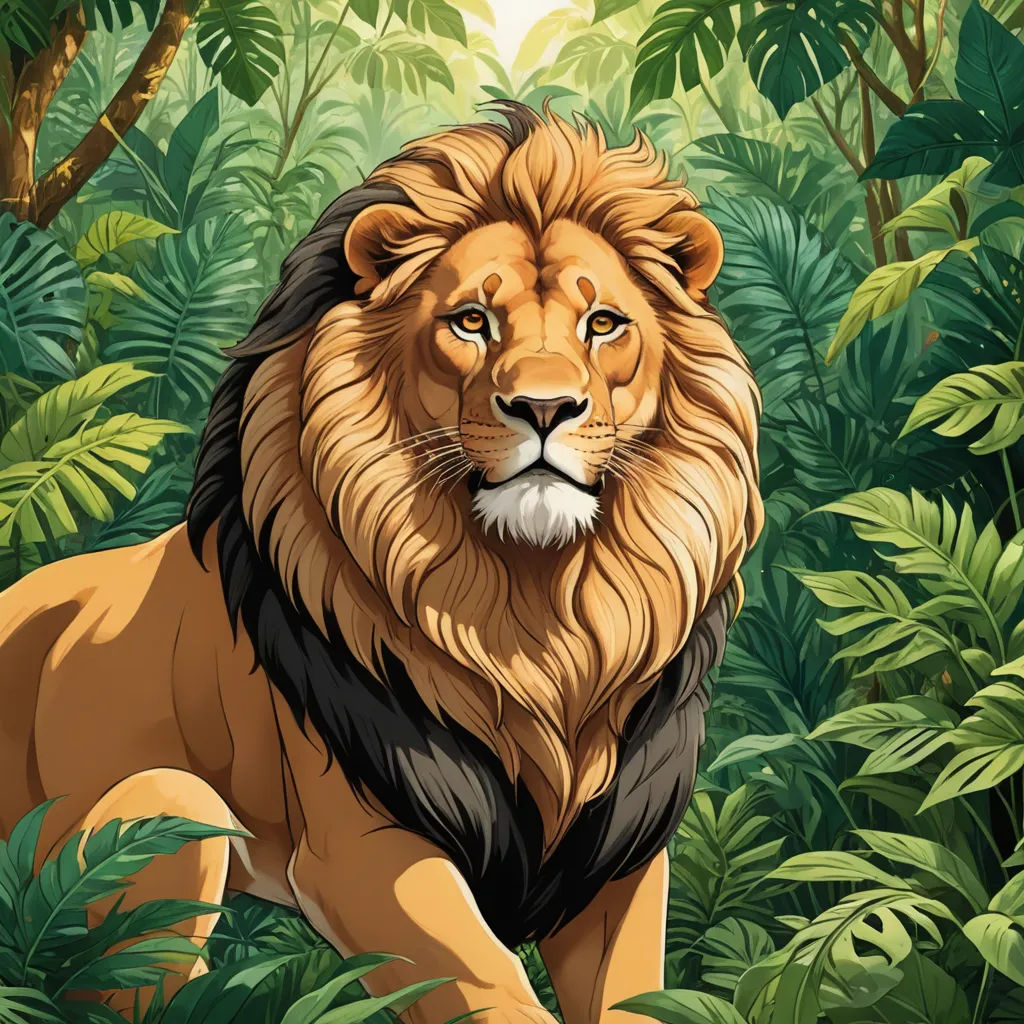 a lion in the jungle with a background of plants and trees and leaves, with a bright light shining on the lion's face, fantasy art, a digital painting, Chris LaBrooy, highly detailed digital painting