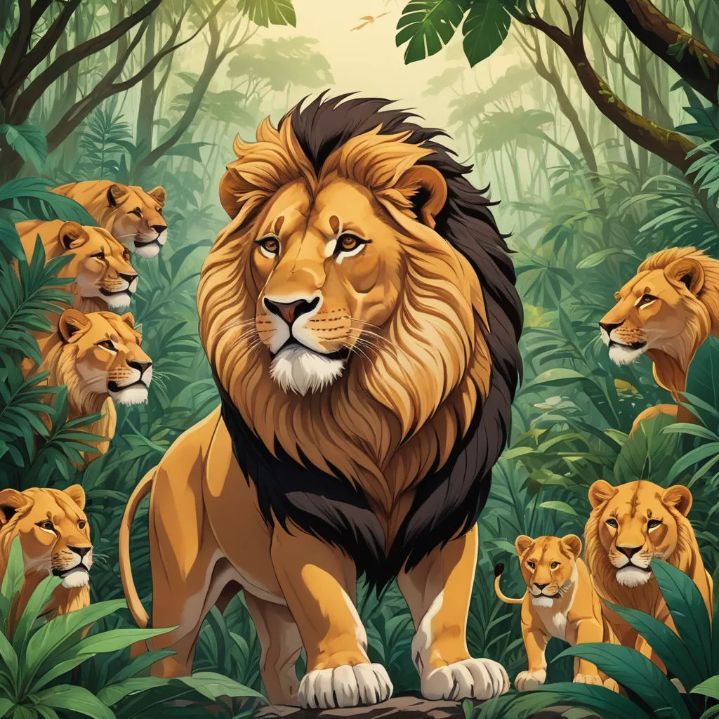 a group of lions in the jungle with trees and plants behind them, with a background of leaves and trees, lyco art, a poster, Chris LaBrooy, poster