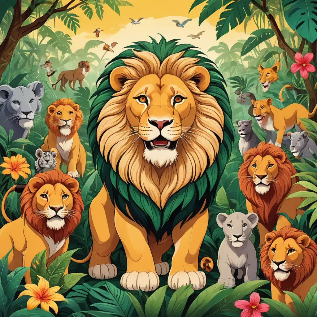 a group of lions in the jungle surrounded by flowers and trees with a yellow sky in the background and a yellow sky, naive art, a poster, Chris LaBrooy, detailed illustration