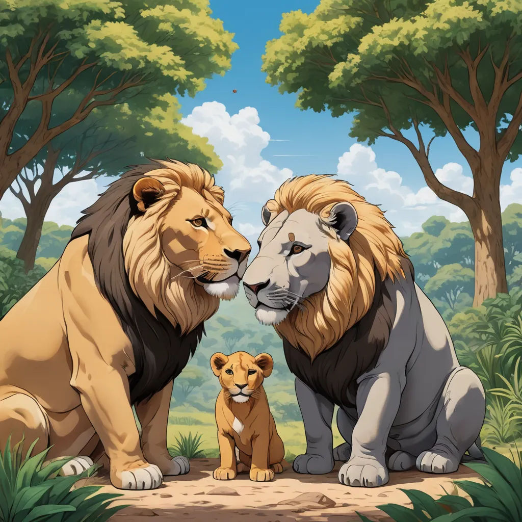 a lion and a lion cub sitting in the grass together in front of trees and a sky background with clouds, furry art, a storybook illustration, Brothers Hildebrandt, official art