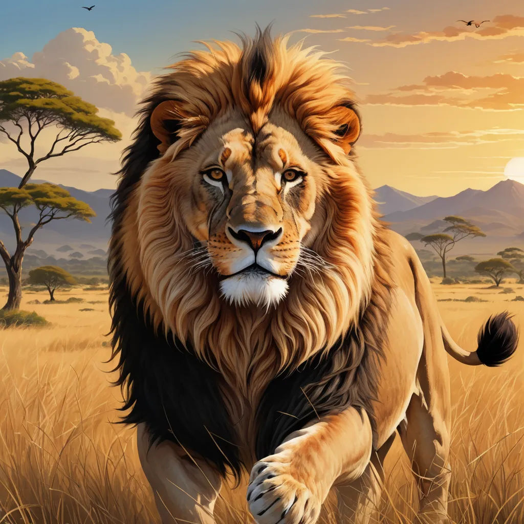 a lion is running through a field of tall grass at sunset with a bird flying in the background and a tree in the foreground, fantasy art, a digital painting, Chris LaBrooy, highly detailed digital painting