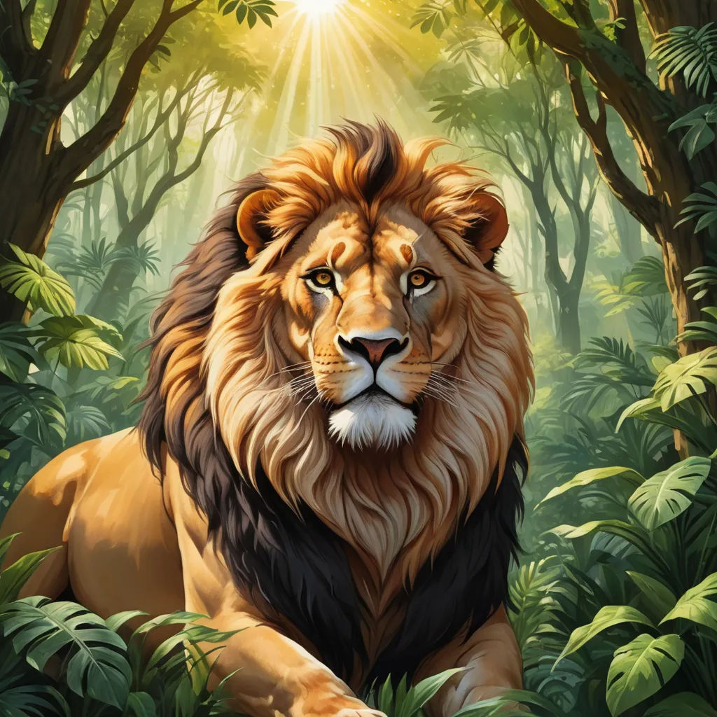 a lion is sitting in the middle of a jungle with trees and bushes around it, with the sun shining through the trees, fantasy art, an airbrush painting, Chris LaBrooy, highly detailed digital painting
