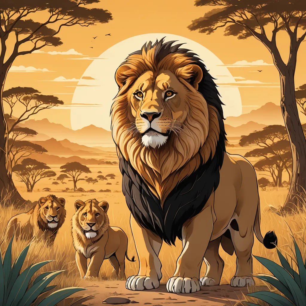 a lion and two lions in a field with trees and a sun in the background with a sky background, lyco art, vector art, Chris LaBrooy, highly detailed digital painting