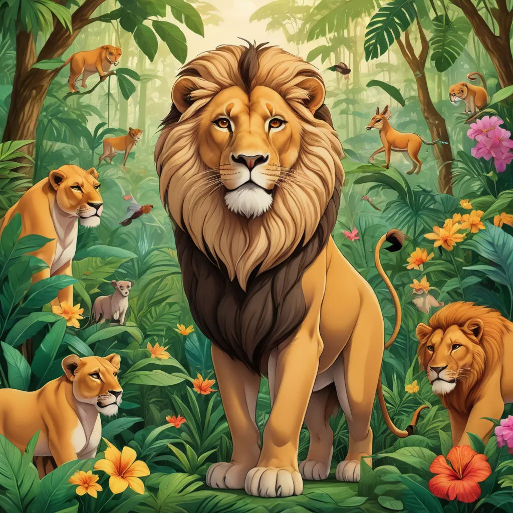 a lion surrounded by other animals in a jungle setting with flowers and trees around it, and a bird flying above, lyco art, an airbrush painting, Chris LaBrooy, highly detailed digital painting