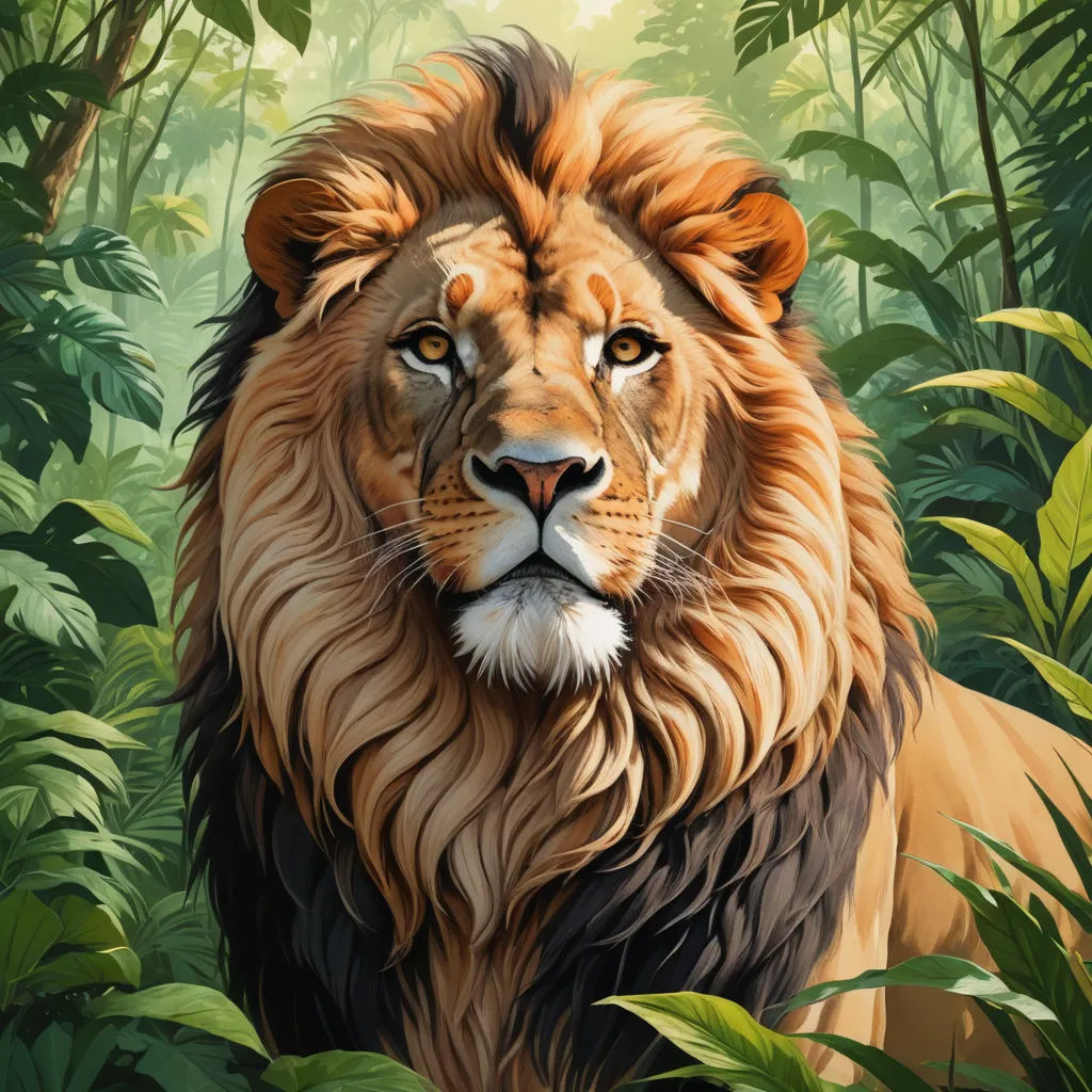 a painting of a lion in the jungle with trees and plants around it's edges and a blue sky in the background, furry art, a digital painting, Chris LaBrooy, highly detailed digital painting