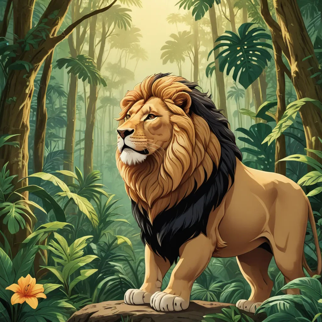a lion standing in the middle of a jungle with trees and flowers around it's edges and a sunbeam, lyco art, a digital painting, Chris LaBrooy, highly detailed digital painting