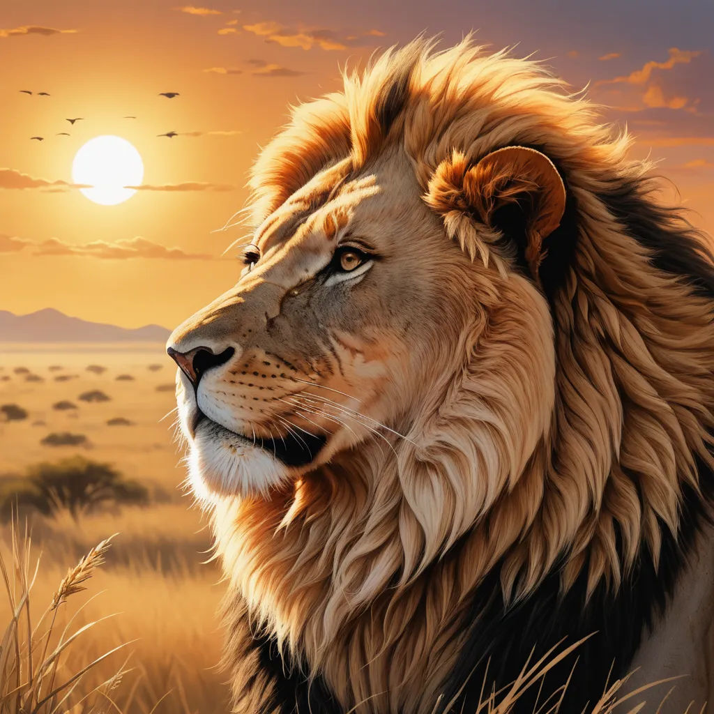 a lion is standing in a field with the sun setting in the background and birds flying overhead in the sky, fantasy art, an airbrush painting, Art Brenner, highly detailed digital painting